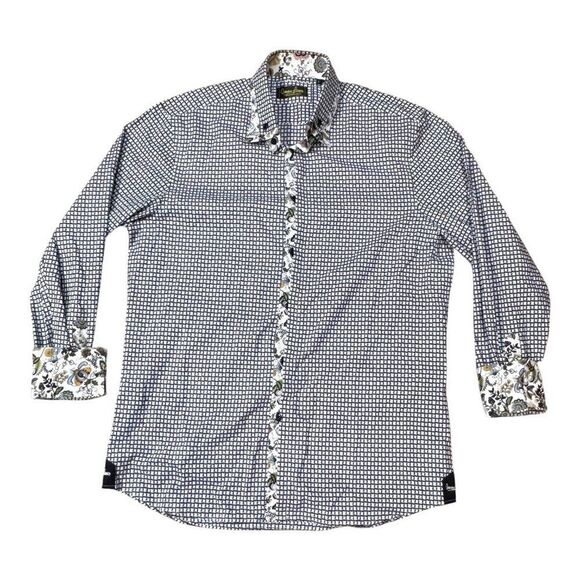 Banana Lemon Long Slv Button Up Shirt L Black White Geometric Flip Cuff Floral - Picture 1 of 5